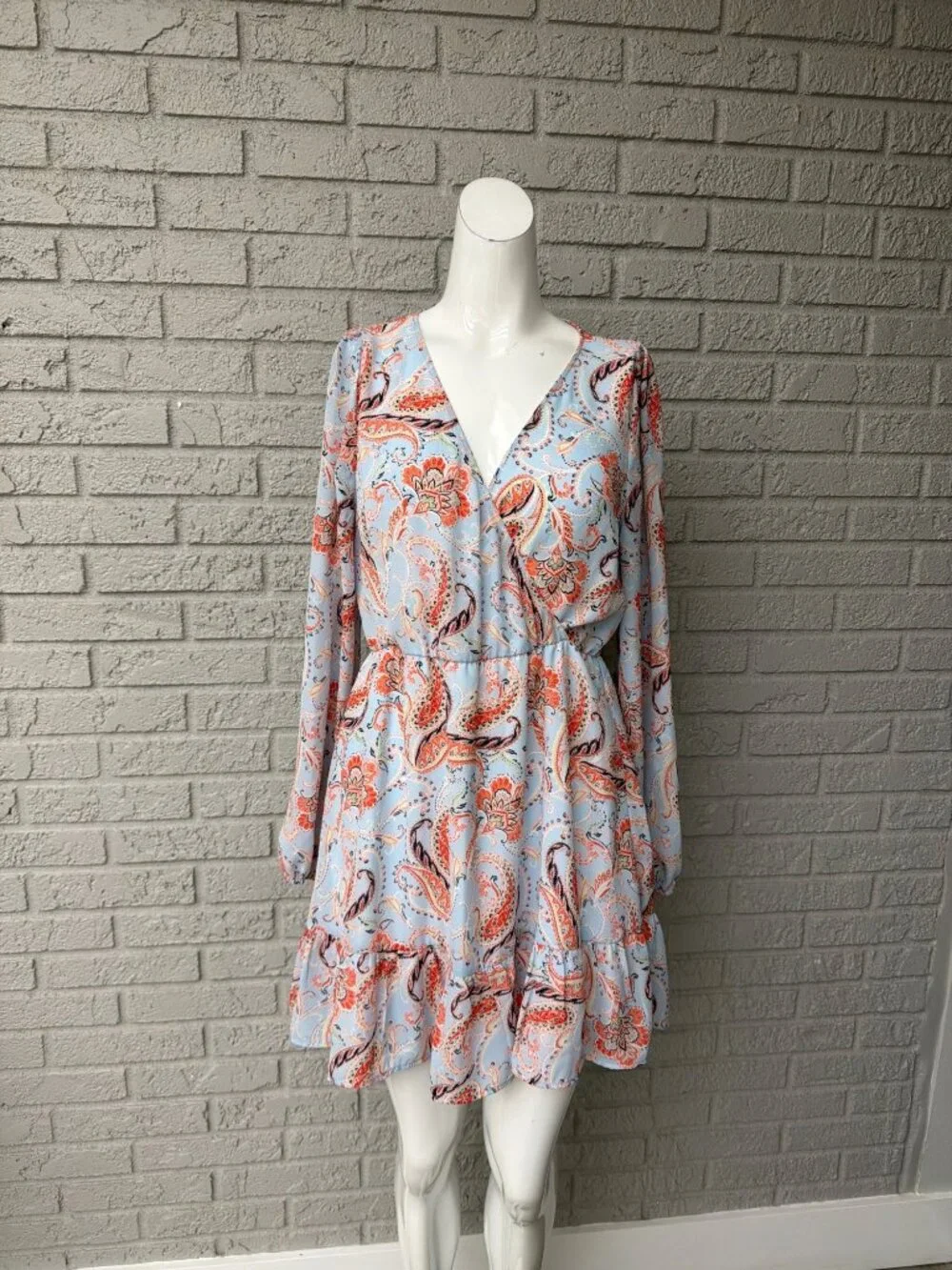 Jun & Ivy Women's Light Blue & orange Paisley Faux Wrap Mini Dress Size M